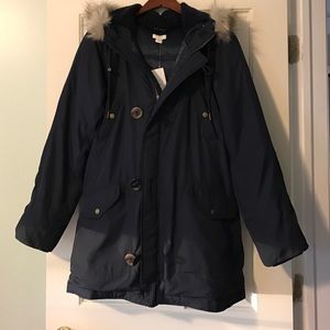 Navy J Crew down parka NWT
