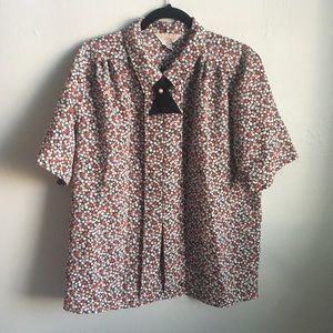 Vintage Patterned Blouse with Pearl Collar Detail