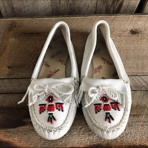 Minnetonka Moccasins White with custom bead work