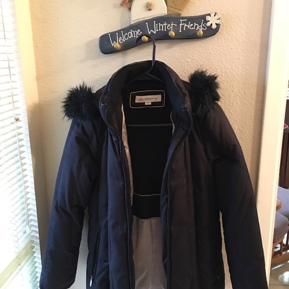 Liz Claiborne black winter coat/parka with fur hat