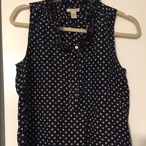 JCrew navy polka dot tank top with ruffle collar!