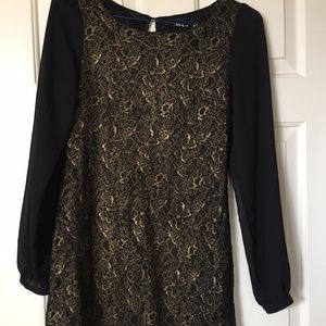 Long sleeve black and gold lace dress