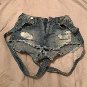 H&M denim distressed shorts with overall straps