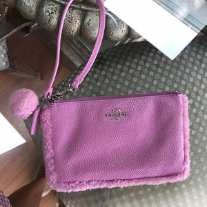 Coach Pink Leather Fur Trim Wristlet Wallet