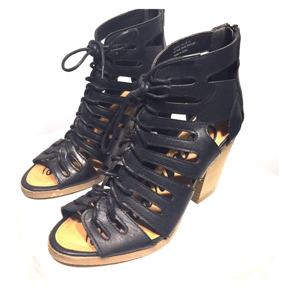 Black Lace Up Cutout Booties - Picture 1 of 4