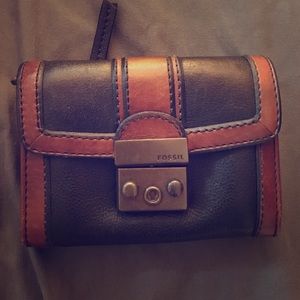 Fossil black and brown leather lock fold wallet