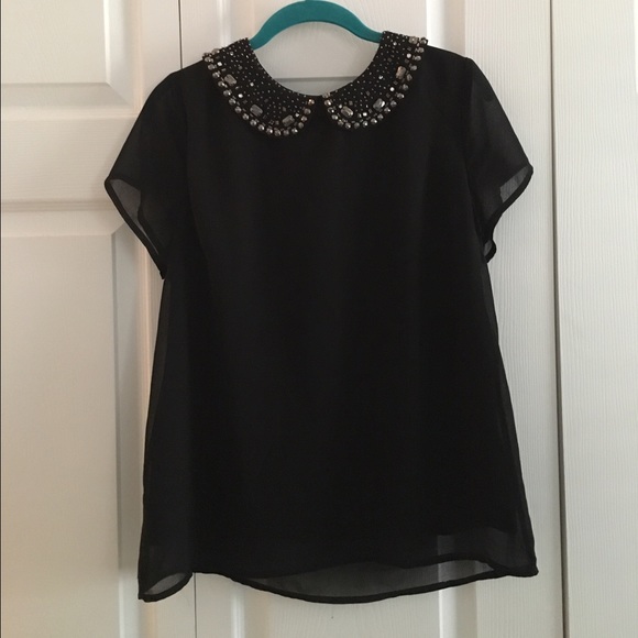 Black Flowy Top with Embellished Collar