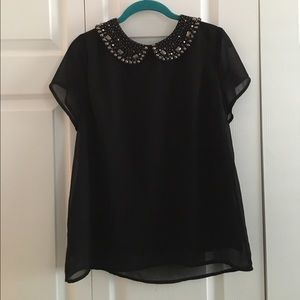 Black Flowy Top with Embellished Collar