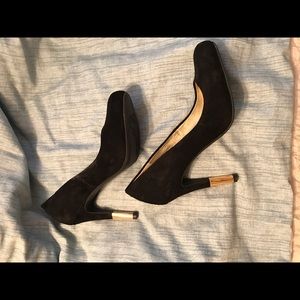 Black Suede Pumps with Gold Tips