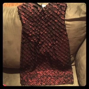 Red foil strapless dress