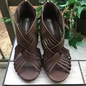 Brown open toe wedge sandals size 8