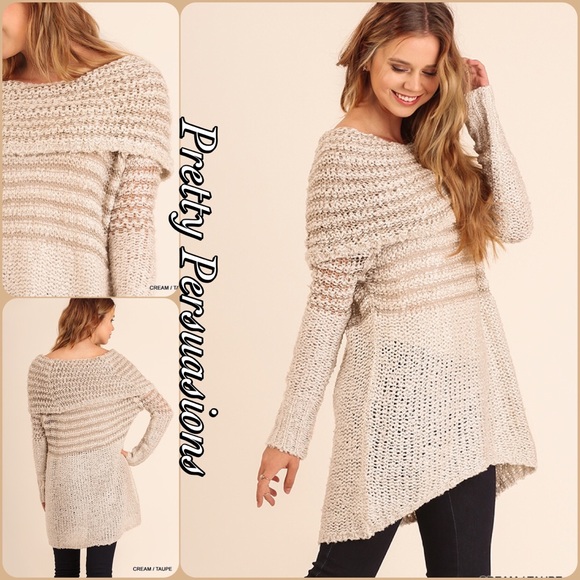 SOLD OUT Cream Taupe Striped Slouchy Sweater Tunic - Picture 2 of 3