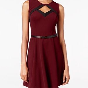 Juniors belted fit & flare maroon and black dress