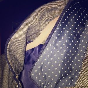 Gray tweed Academy Blazer with navy elbow patches