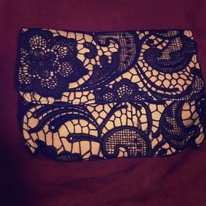 NY&Co clutch purse black lace and cream print NYE