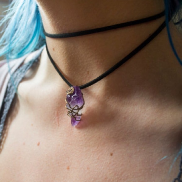 Vegan Suede Amethyst Wire Wrap Choker πβ¨ - Picture 2 of 4