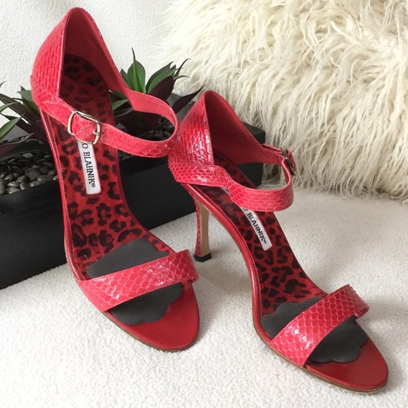 Manolo Blahnik Shoes - Manolo Blahnik Red Snakeskin ankle strap heels