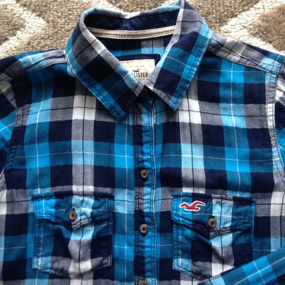 Hollister- blue and black plaid button down top - Picture 3 of 4