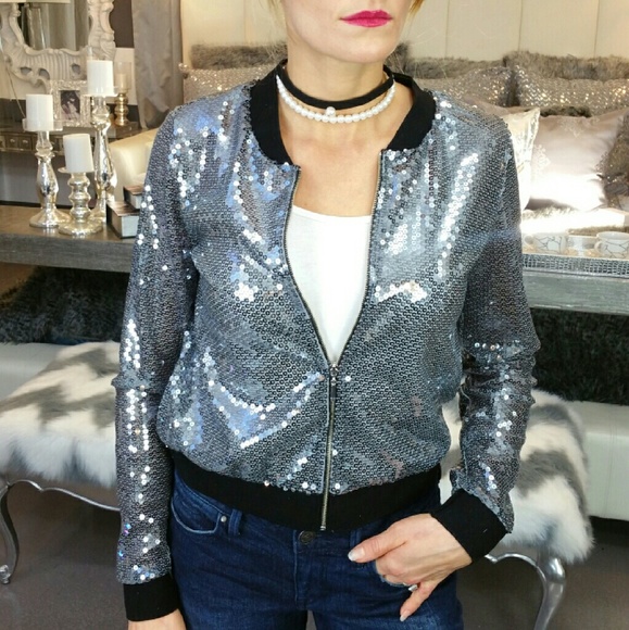 "Sparkle in Sequins" Silver Bomber Jacket - Picture 2 of 4