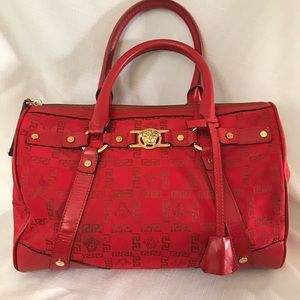 Versace Red Monogram Canvas & Leather Satchel.