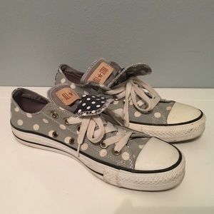 Grey blue and white polka dot converse