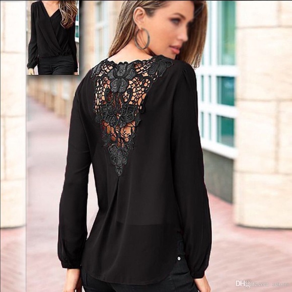 ✨ON SALE!✨Chiffon Leather & Lace Back Detail Top - Picture 3 of 4