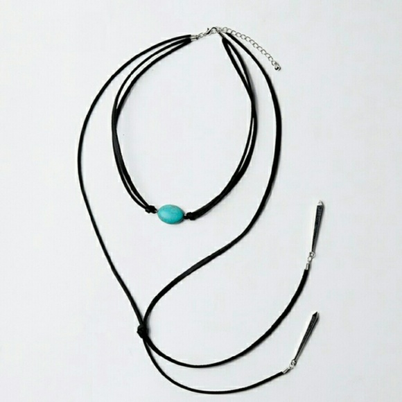 Tassel Choker with Turquoise Stone Necklace 50" - Picture 2 of 4