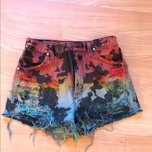 Multi color acid wash high-waisted denim shorts