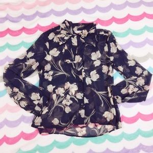 ModCloth Tops - Sheer navy floral tie neck blouse ModCloth Tops - Sheer navy floral tie neck blouse