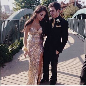 Strapless gold sequined prom dress w/ high legslit