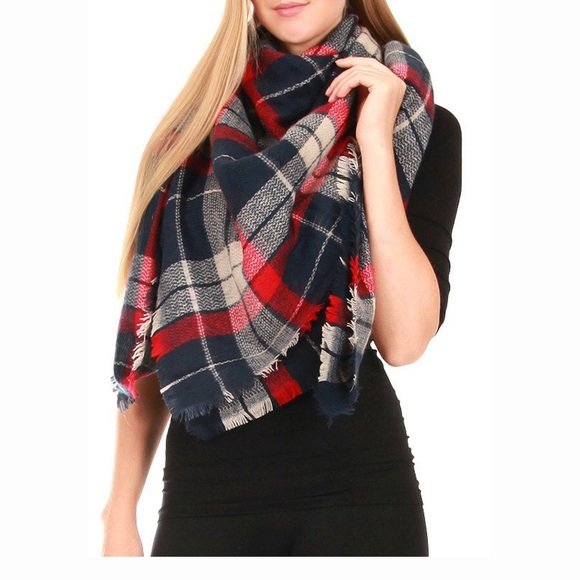 Navy Red Oversized Tartan Plaid Blanket Scarf - Picture 2 of 3