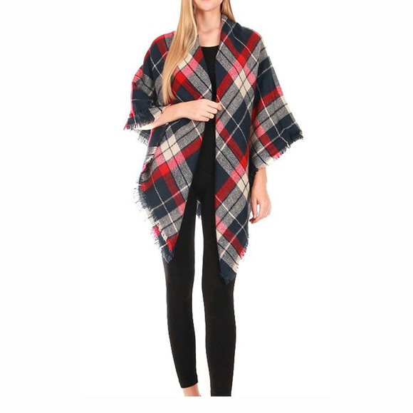 Navy Red Oversized Tartan Plaid Blanket Scarf - Picture 3 of 3