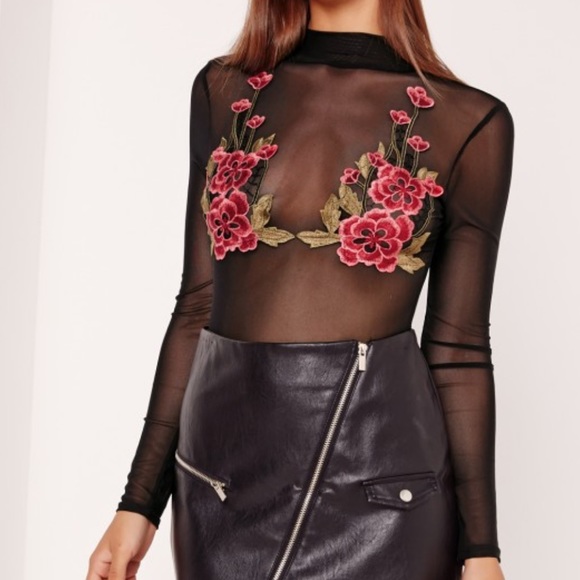 high neck floral mesh bodysuit black