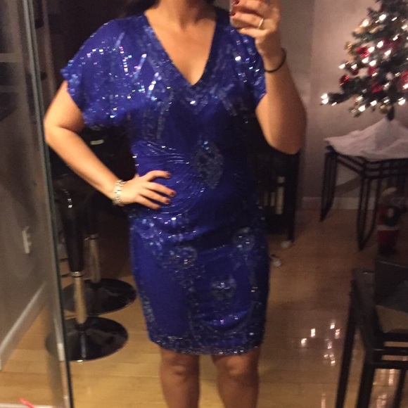 blue beaded cocktail dress