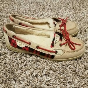Red and black plaid Sperry shoes