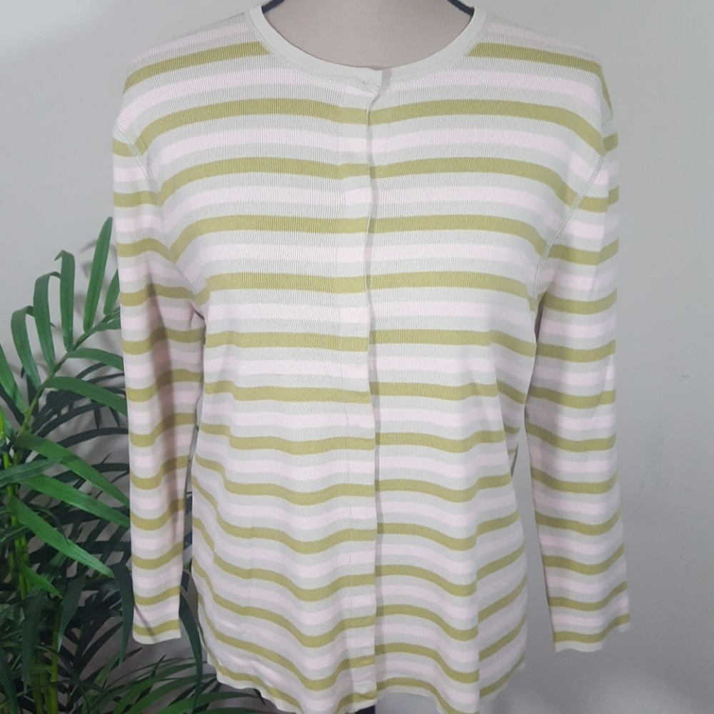 Evelyn and Arthur Striped Green and white Knitted Cardigan.  XL