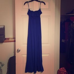 Blue, strapless, maxi dress.