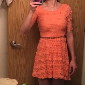 Coral/orange lace asymmetric hemline dress