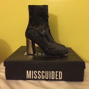 Dark Gray Velvet Metallic Heeled Ankle Boot