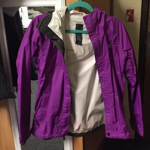 purple north face rain coat