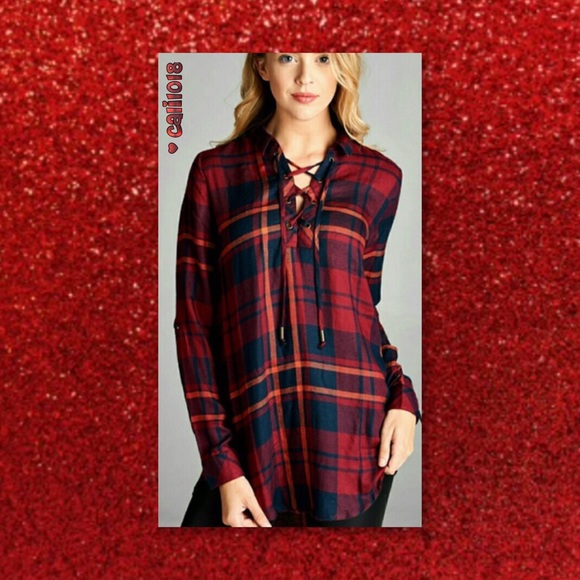 Glam Squad 2 You Tops - RESTOCK🆕Red Plaid Lace Up Tunic Long Roll Sleeve