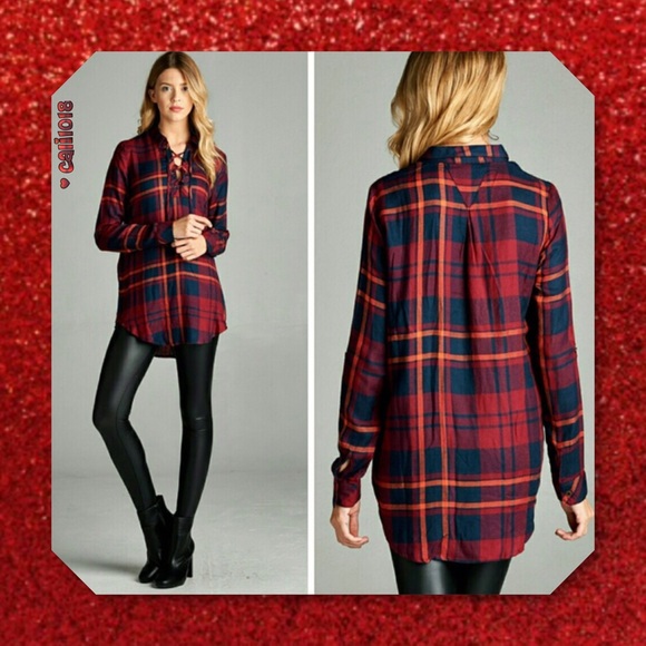 RESTOCK🆕Red Plaid Lace Up Tunic Long Roll Sleeve - Picture 2 of 3