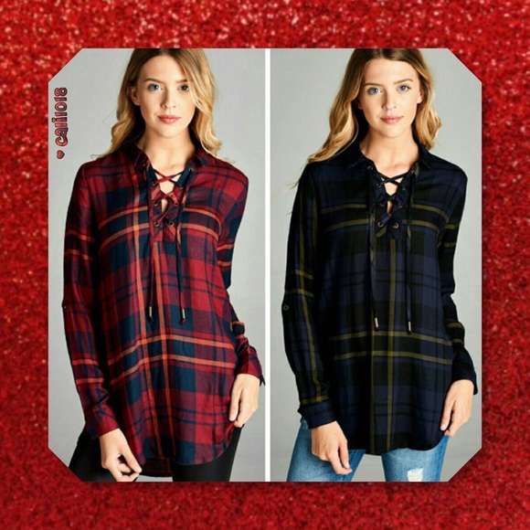RESTOCK🆕Red Plaid Lace Up Tunic Long Roll Sleeve - Picture 3 of 3