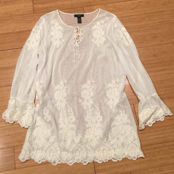 Alfani sheer embroidered tunic with bow tie size M