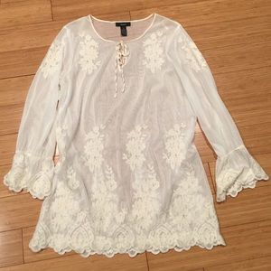 Alfani sheer embroidered tunic with bow tie size M