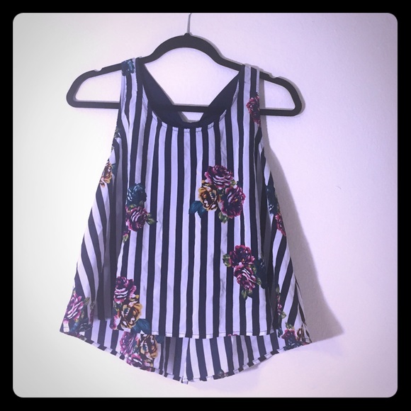 Navy blue and white striped flowy tank top