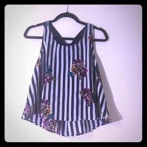 Navy blue and white striped flowy tank top