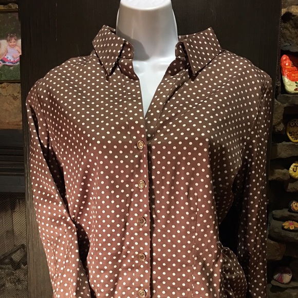 Brown & white polka dot button down top