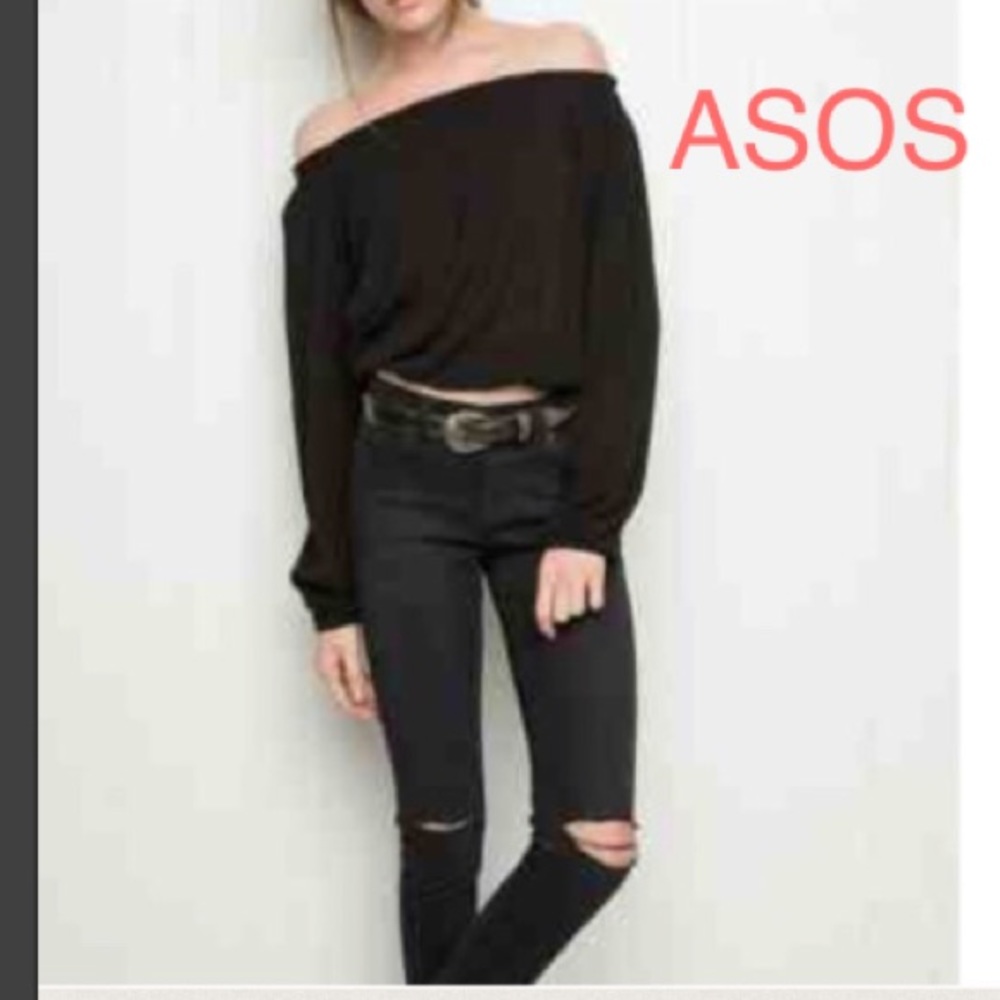 Sexy  top off shoulder black crop sleeve