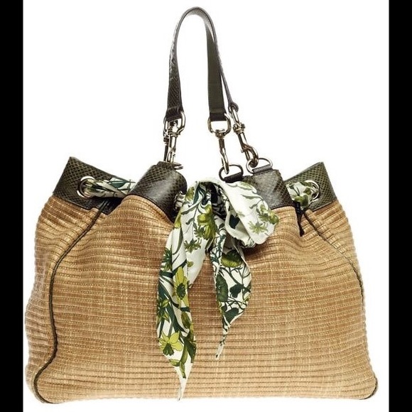 AUTH GUCCI Raffia Green Snakeskin Leather Positano